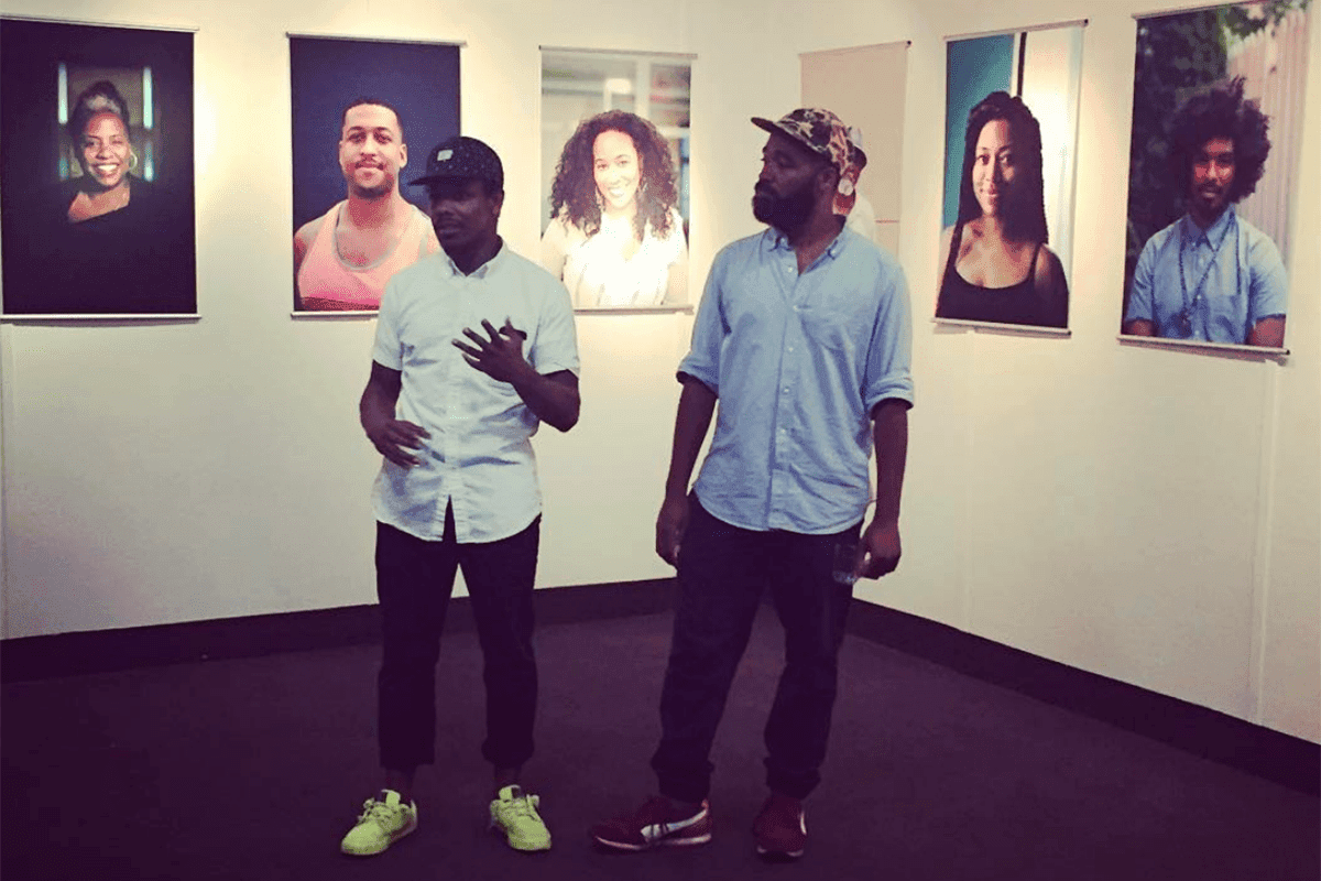 L-R: Lendl Tellington & Rashid Zakat stand in front of portraits of Elissa Blount Moordhead, Tahir Jeter, Sabrina Schmidt Gordon, Sam Pollard, Nijla Mu’min, and Terence Nance, 2012-2016.