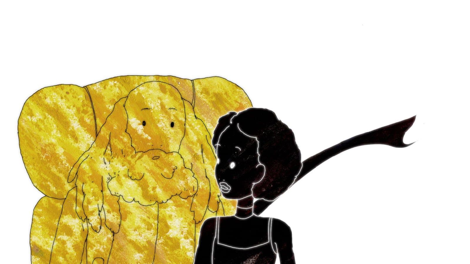A still from By Water. It shows an animation of a man all in gold and a woman all in black standing side by side.