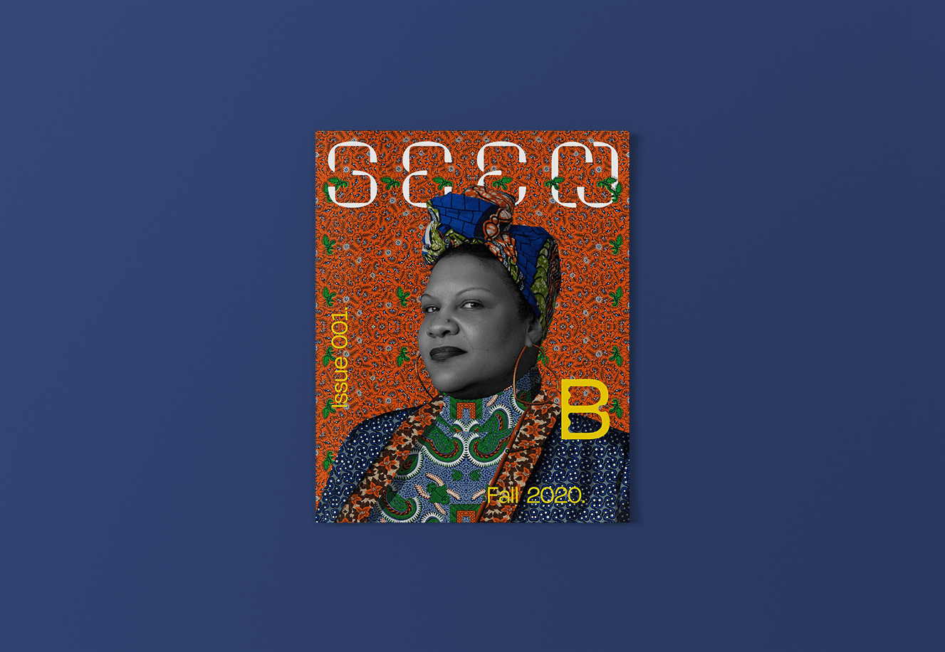 Seen 001 cover image. Order and subscribe. A portrait of a Black woman wearing a colorfully patterned turban and blazer, set against a patterned red background. The woman is rendered in black and white, while her clothing and the background is in color.