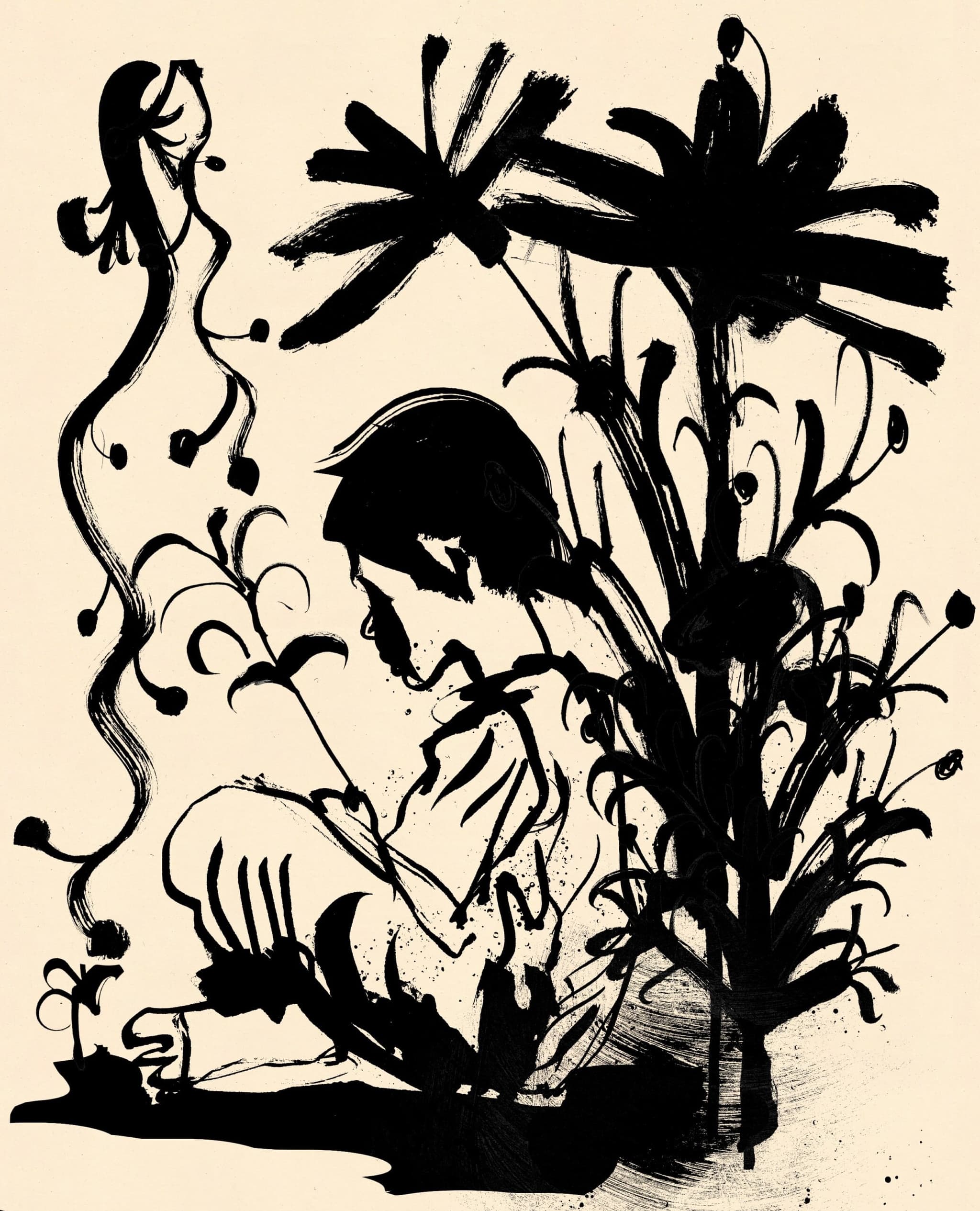 An illustration of a person sitting on the ground with their legs crossed. They are surrounded by tall plants.