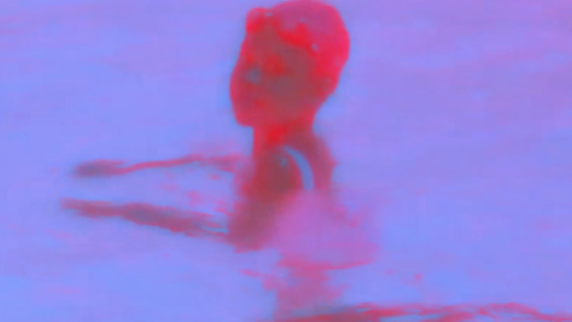 A hot pink and light purple dual-toned film still from nobody’s word shows a figure presumably standing in a body of water looking over their shoulder. The bottom of the still reads: “500 years ago…wow.” in small white text.