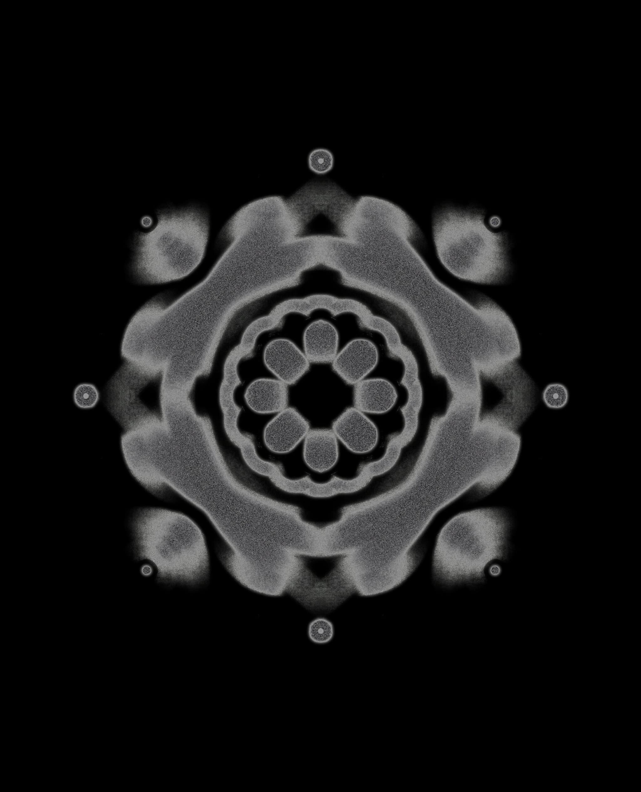 Abstract grey patterns creating a circular shape with a grey flower inside.