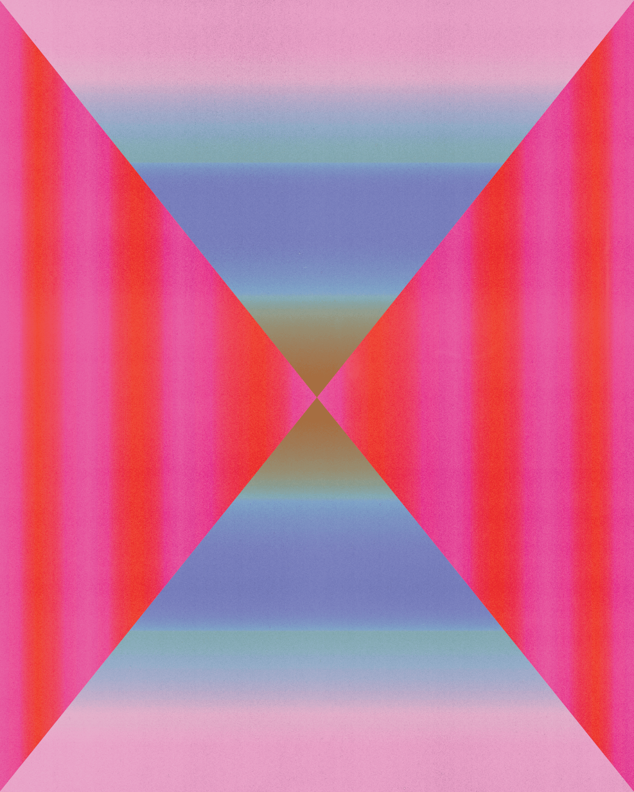 Four triangles. Two of them, from the side, have pink and red hues facing each other, and the other two, from the top and bottom, have colorful rainbows that also face each other.