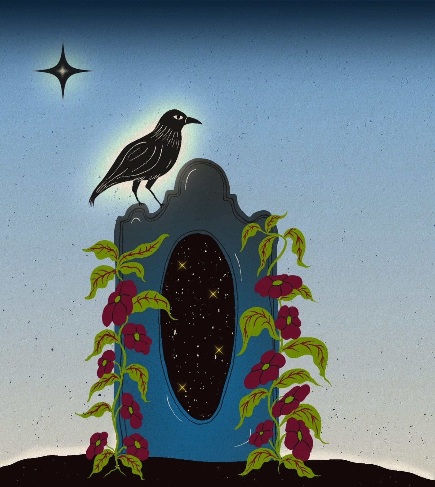 An illustration of a crow on top of a gravestone with flowers surrounding it. In the middle of the gravestone is a black oval-shaped hole that looks like a portal.