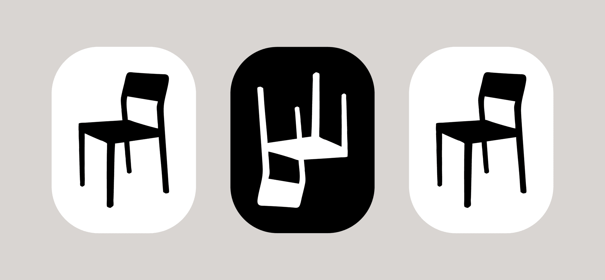 Three chairs in a row with white bubble backgrounds except the one in the middle which has a black bubble background. The chair in the middle is a white chair and it is upside down.