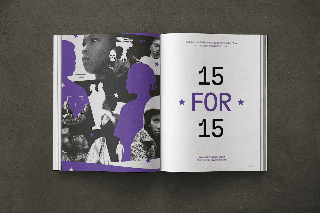 A mock-up of a spread from Seen 010. On the left side is a collage of faces and people, colorized black, white, and purple. On the right is text that says "15 for 15. Written by Nehad Khader."