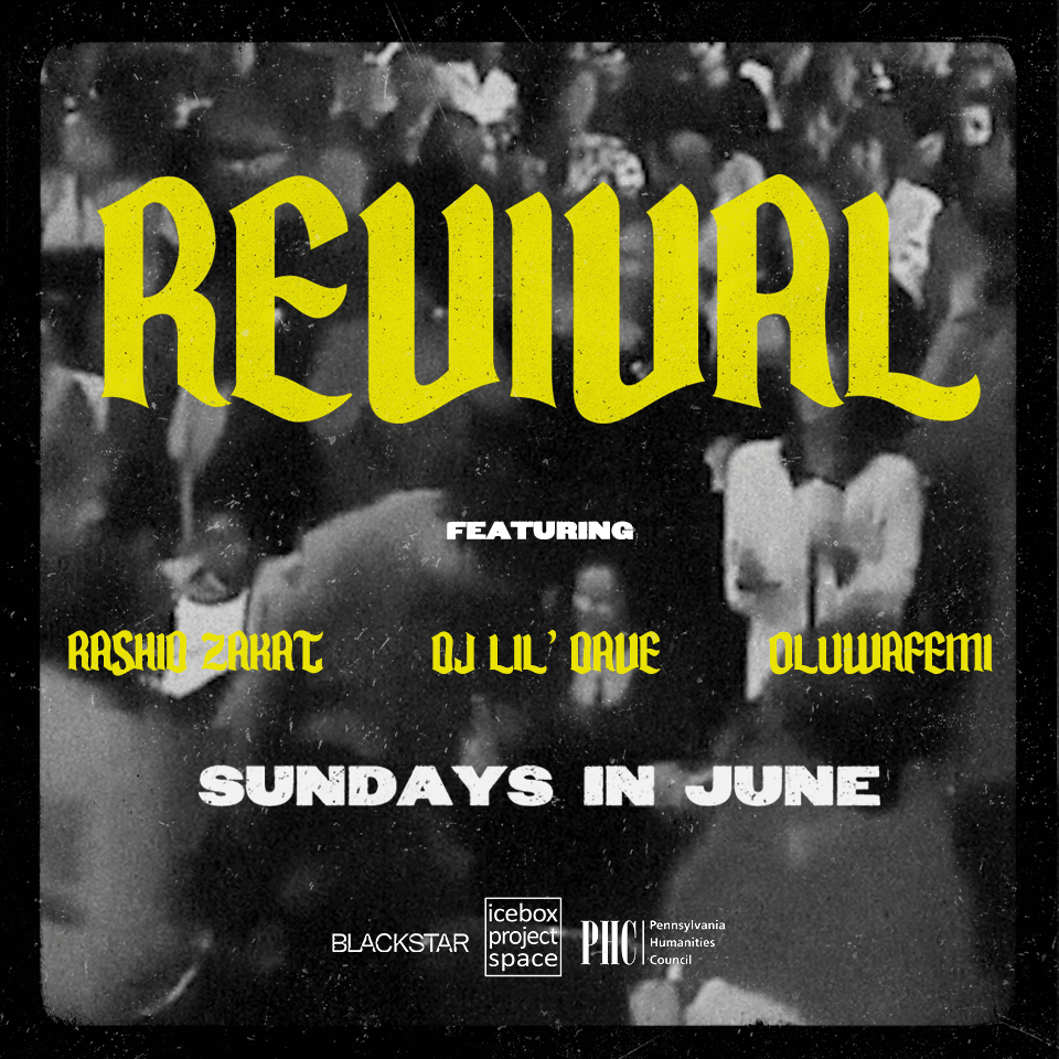 A Graphic advertising the event "Revival." The background of the graphic shows a black and white photo of a large group of people gathering in close quarters.