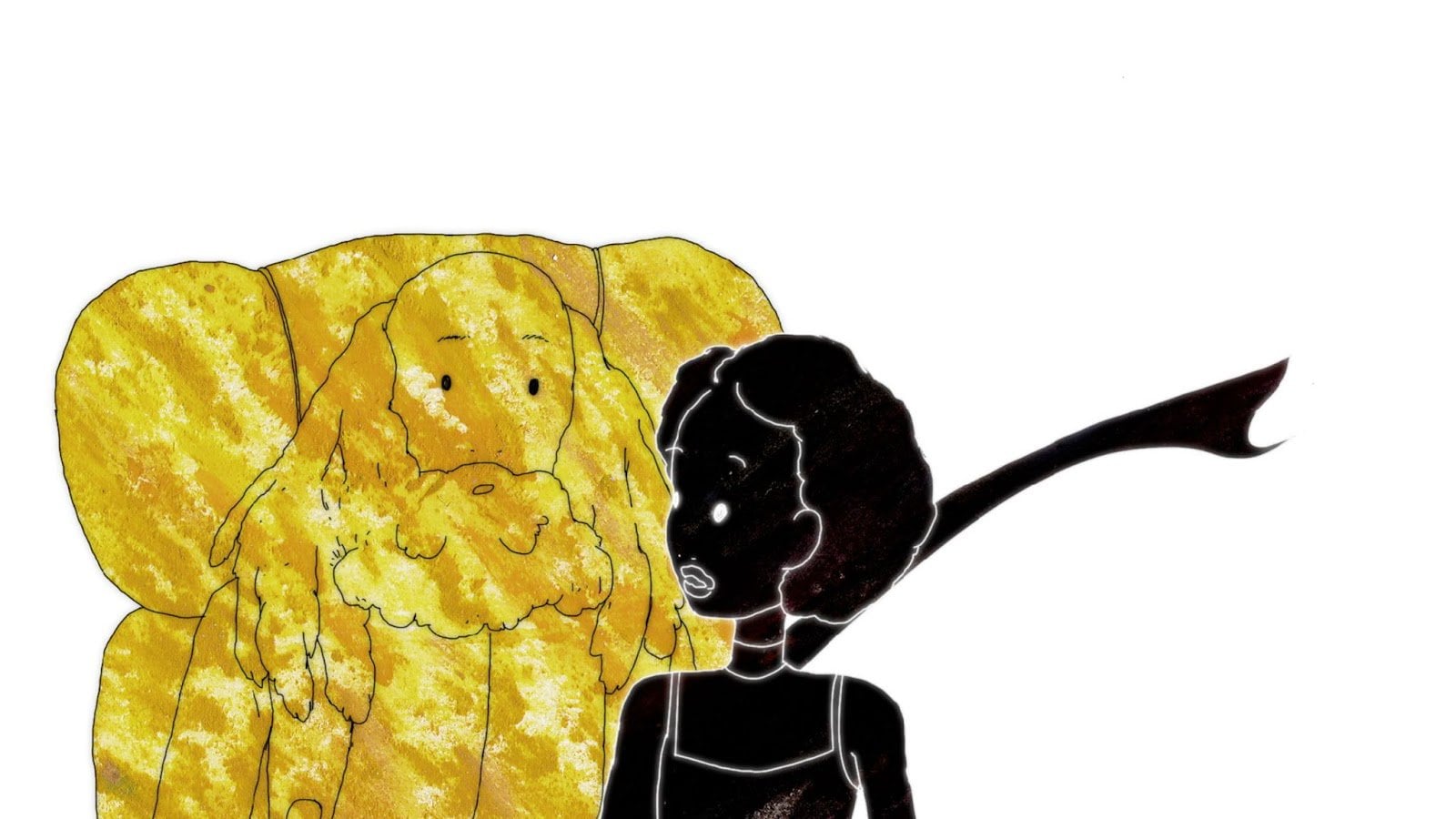A still from By Water. It shows an animation of a man all in gold and a woman all in black standing side by side.