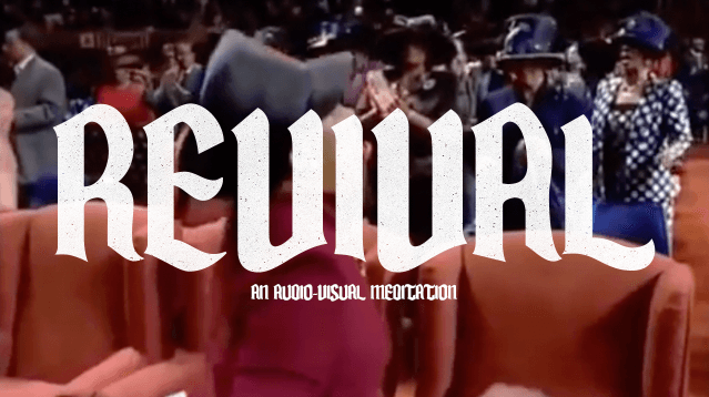 Graphic advertising the event "Revival." The word is superimposed over an image of a large group of people at an event. A row of three empty armchairs can be seen in front of the group.
