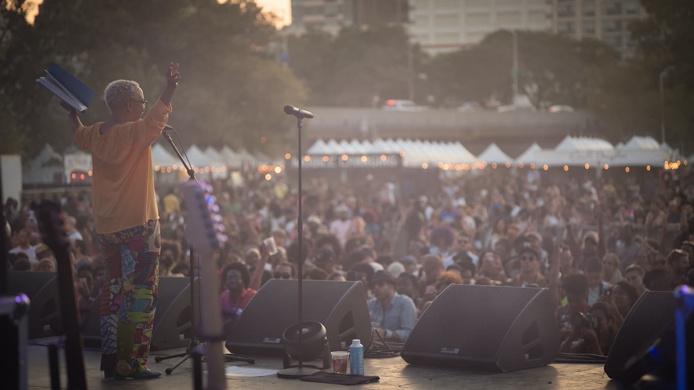 A photo of Nikki Giovanni. A Black woman with close cropped white hair stands on a stage with a book in one hand and the other raised. A large crowd is listening to her speak.