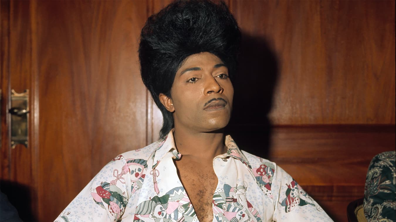 A photo of Little Richard. A Black man stares off camera. He is wearing a colorful button-down shirt, partially open to reveal his chest hair, and sports a quaffed bee hive-esque hairstyle.