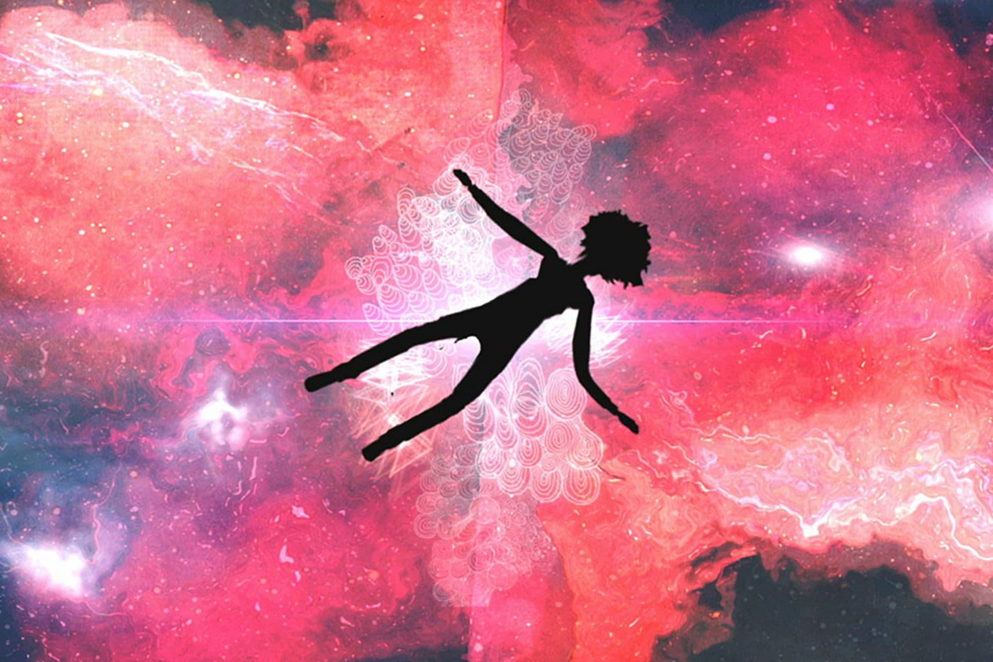 A still from the film An Oversimplification of Her Beauty (2012) by Terence Nance is an animated frame of a person seemingly falling through space, though the space is red, purple, and pink.