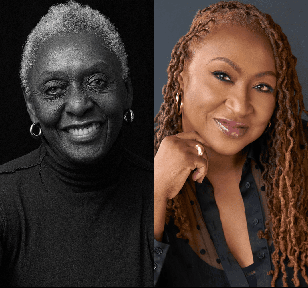 Headshots of Bethann Hardison and Lisa Cortes. Bethann is an older Black woman, she has short gray hair. She is wearing a black turtle neck shirt and hoop earrings. She is smiling. Lisa Cortes is a middle-aged Black woman. She has long reddish-brown locs. She is wearing a blue button-down shirt and gold jewelry. She is smiling.