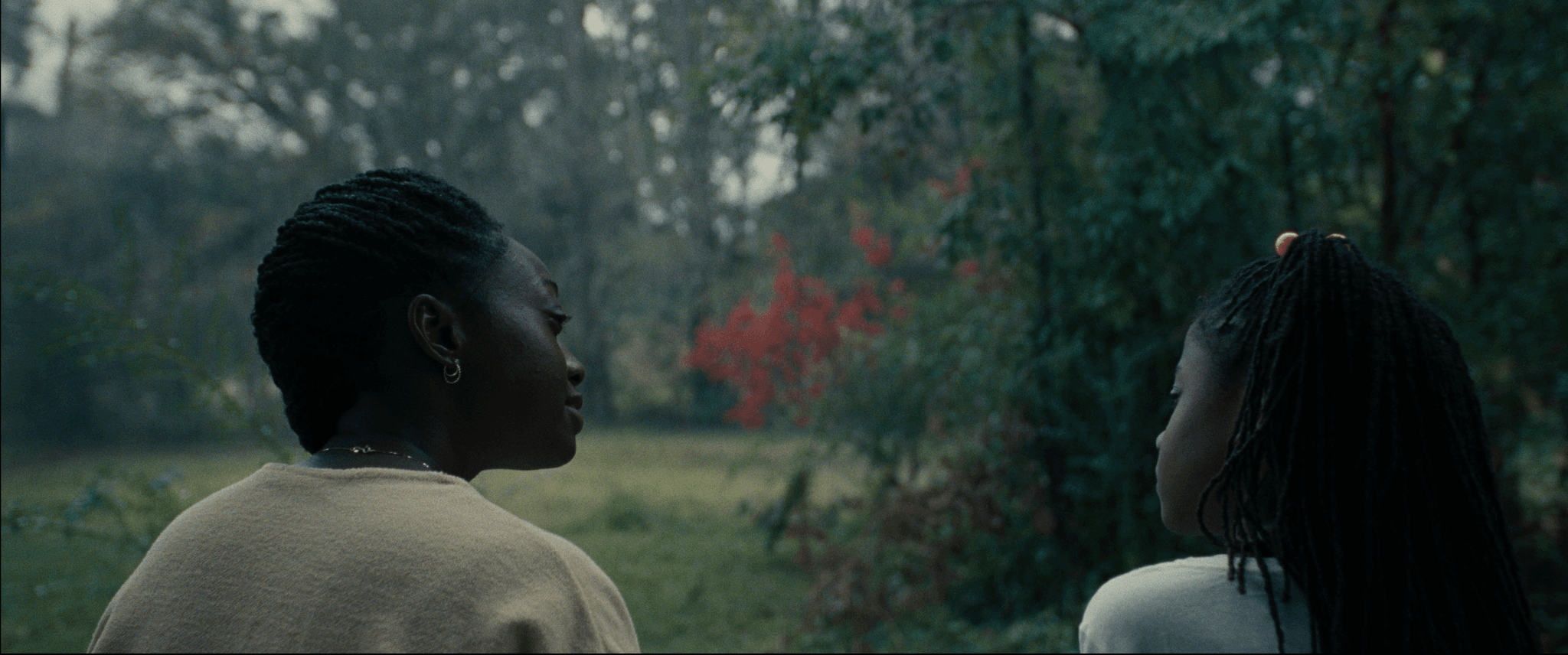 A woman and a younger girl sit in a misty wooded area. They both wear white tops and look at one another. They face away from the camera so only their profiles are visible.