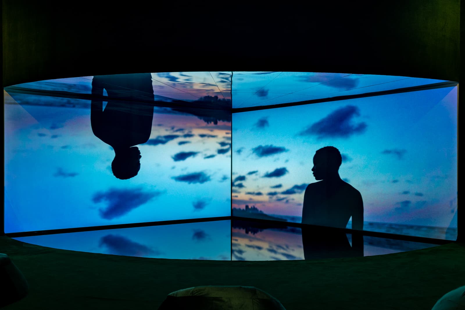 A photo of the installation of Terence Nance: Swarm shows a two panel screen projecting the same video, of a shadowed figure against a blue sky, but one is upside down. In front is a pool of water that reflects the images as well.